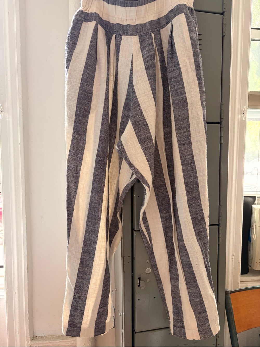 Black Crane Striped Linen Pants, XS